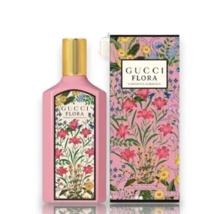 Elegante frasco alargado con diseño floral del perfume Flora Gorgeous Gardenia en tono rosa pastel.