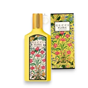 Frasco amarillo vibrante con icónico estampado floral del perfume Flora Gorgeous Orchid de Gucci.