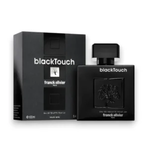 Perfume Franck Olivier Black Touch: frasco negro mate con relieve, fragancia intensa de vetiver.