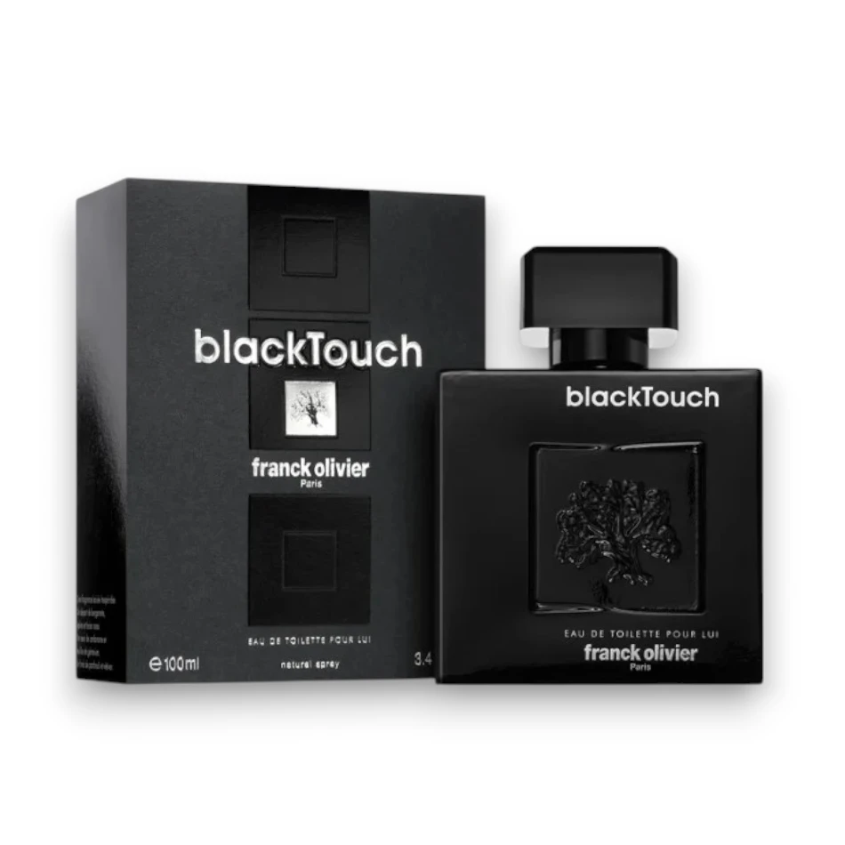 Perfume Franck Olivier Black Touch: frasco negro mate con relieve, fragancia intensa de vetiver.