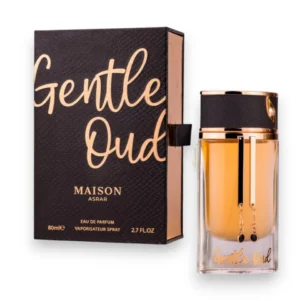 Elegante frasco de Gentle Oud EDP resaltando su diseño sofisticado sobre un fondo de madera oscura.