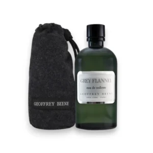 Perfume Grey Flannel de Geoffrey Beene, el icónico frasco envuelto en su clásica bolsa de franela.