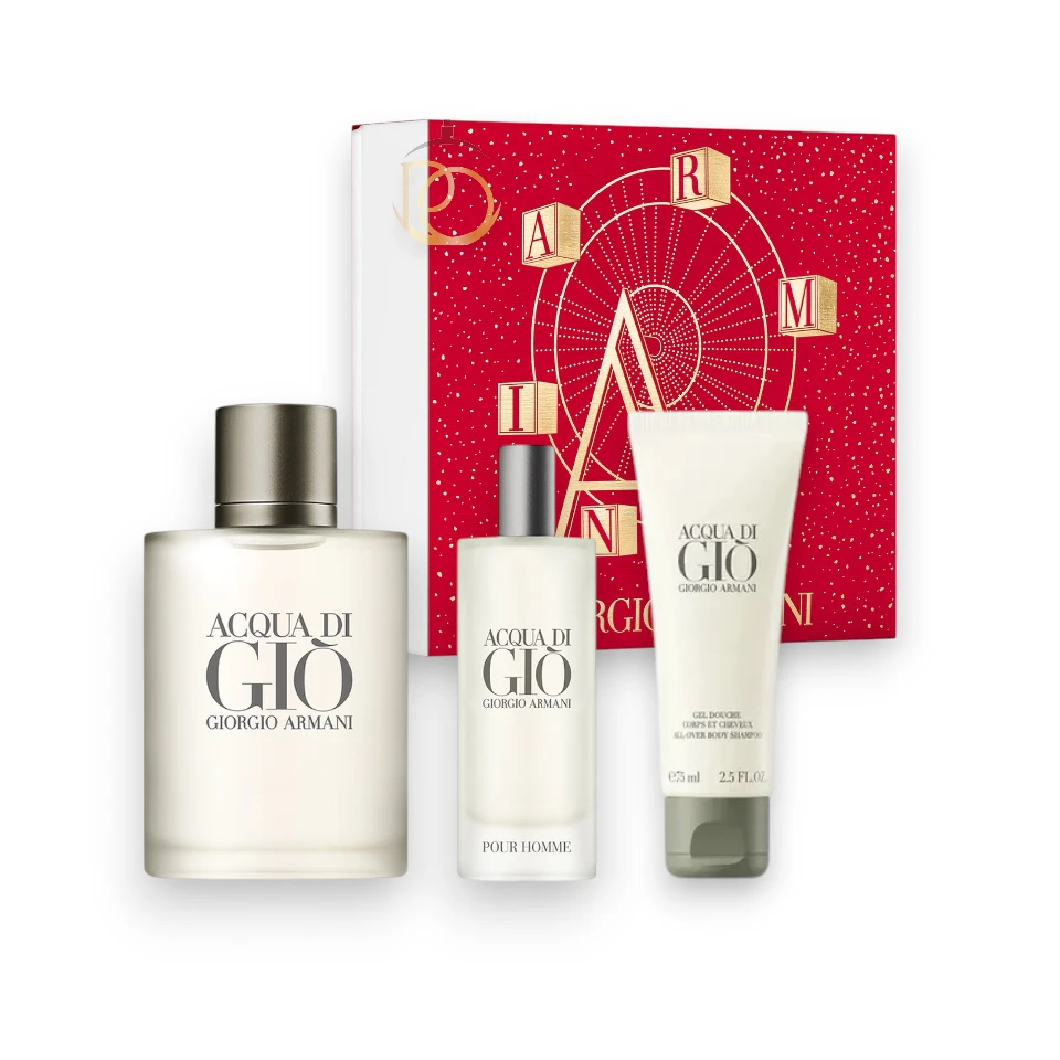 Gift Set Acqua Di Gio EDT 3Pzs con notas cítricas, marinas y amaderadas, fresco y elegante.