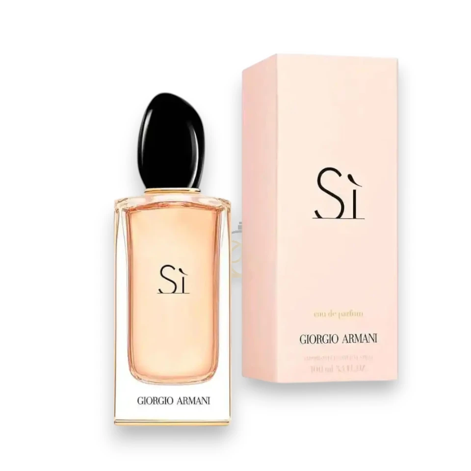 Perfume Giorgio Armani Si EDP con notas de rosa, vainilla y pachulí, elegante y femenino.