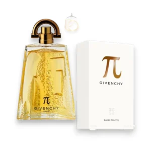 Frasco arquitectónico de Givenchy Pi EDT con su diseño piramidal y el líquido ámbar dorado.