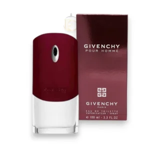 Frasco ergonómico de Givenchy Pour Homme EDT con su característico diseño metálico y color borgoña.