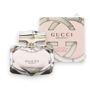 Frasco de cristal tallado con tapón plateado en forma de bambú del perfume Gucci Bamboo.