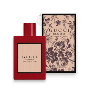 Frasco de color burdeos intenso con etiqueta clásica del perfume Gucci Bloom Ambrosia Di Fiori.