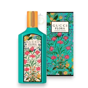 Frasco alargado en color turquesa con el icónico patrón floral del perfume Gucci Flora Gorgeous Jasmine.
