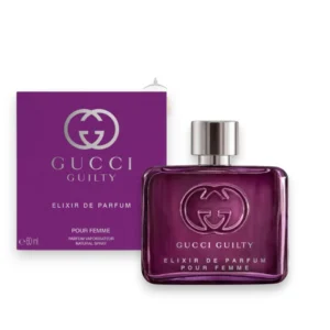 Frasco de cristal en un vibrante tono violeta con el logotipo entrelazado de Gucci Guilty Elixir.