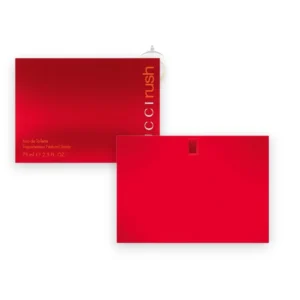 Frasco rojo minimalista del perfume Gucci Rush EDT, un icono de diseño y seducción contemporánea.