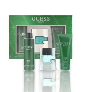 Presentación del set Guess Man Estuche con frasco de diseño curvado y productos de cuidado corporal.