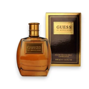 Elegante frasco de cristal del perfume Guess Marciano con detalles dorados y diseño arquitectónico.