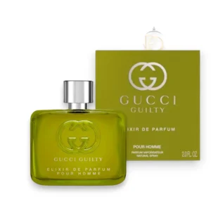 Frasco de cristal verde vibrante con el logotipo entrelazado de Guilty Elixir de Parfum Pour Homme.