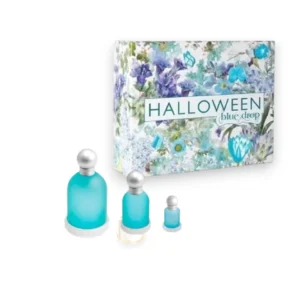 Presentación del Estuche Halloween Blue Drop EDT con el frasco en tonos celestes y su complemento