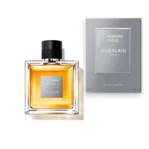 Frasco de L'Homme Idéal EDT 2022 con su diseño geométrico minimalista y detalles en negro y ámbar.