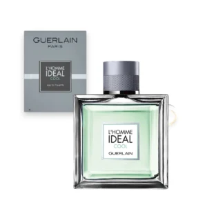 Frasco de L’Homme Ideal Cool con detalles en color menta evocando una frescura intensa y masculina.