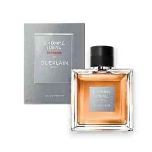 Imponente frasco de L’Homme Idéal Extrême con detalles en tonos café que evocan fuerza y profundidad.
