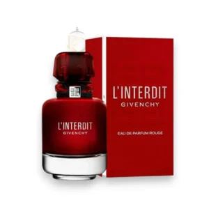 Frasco de cristal grueso de L’Interdit Givenchy con su diseño elegante, moderno y cinta negra.