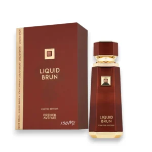 Imponente frasco de Liquid Brun resaltando su líquido ambarino que evoca calidez, lujo y sofisticación.