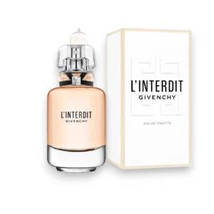 Frasco de cristal transparente L´Interdit Givenchy EDT con su diseño icónico y elegante lazo negro.