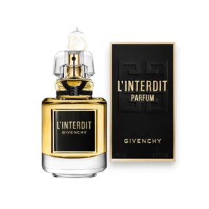 Frasco de cristal robusto de L´Interdit Givenchy Parfum con su líquido rosado y elegante sello negro.