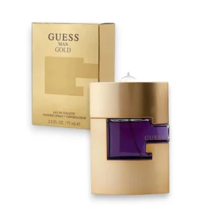 Frasco dorado y elegante del perfume Man Gold EDT con el icónico diseño curvado de la marca.