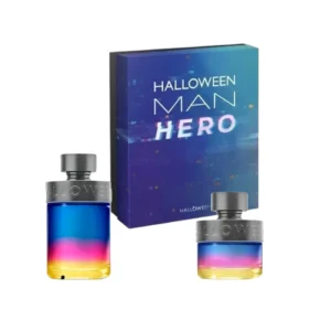 Moderno diseño del Man Hero Estuche 2Pzs resaltando el frasco degradado y su complemento de viaje.