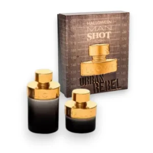 Presentación del Estuche Halloween Man Shot 2 Piezas con su diseño moderno y frasco degradado.