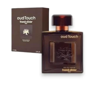Perfume Franck Olivier Oud Touch: frasco marrón con relieve, fragancia intensa de oud y caramelo.