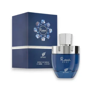 Frasco de Rare Reef Afnan con su diseño elegante en tonos azules que evocan la profundidad del mar.