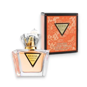 Frasco de cristal del perfume Seductive Flirt EDT con detalles dorados que reflejan lujo y feminidad.