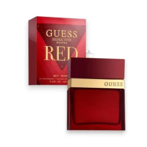 Frasco impactante del perfume Seductive Homme Red en vidrio rojo intenso con detalles metálicos negros.