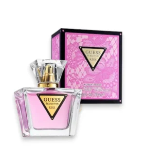 Frasco cristalino del perfume Seductive Kiss EDT con detalles metálicos que reflejan frescura y luz.