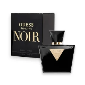 Frasco elegante del perfume Seductive Noir EDT en vidrio negro mate que evoca misterio y lujo.