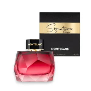Elegante frasco de Signature Elixir Montblanc resaltando su diseño minimalista en tonos dorados.