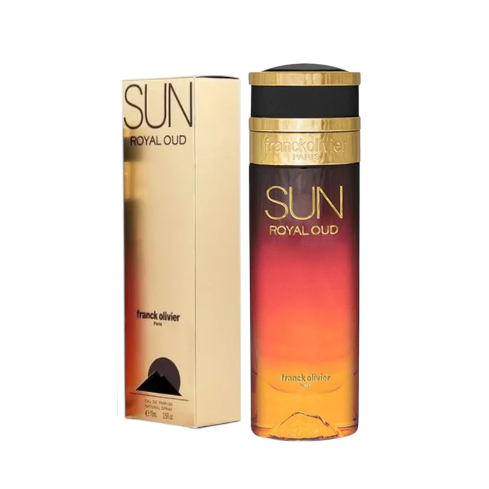 Perfume Sun Java Royal Oud de Franck Olivier: frasco elegante con detalles dorados y esencia de oud.