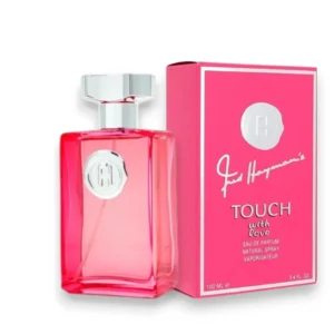 Frasco de perfume Touch With Love de Fred Hayman, elegancia y romance en un diseño icónico.