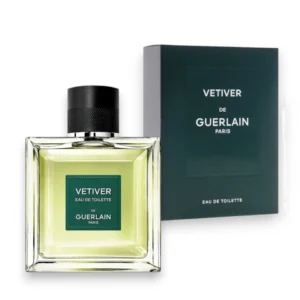 Elegante frasco de Vetiver Guerlain resaltando su líquido verde sobre un fondo natural y luminoso.
