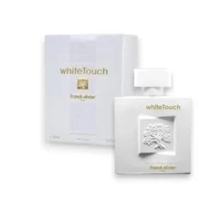 Perfume Franck Olivier White Touch: frasco transparente con relieve, fragancia floral blanca pura.