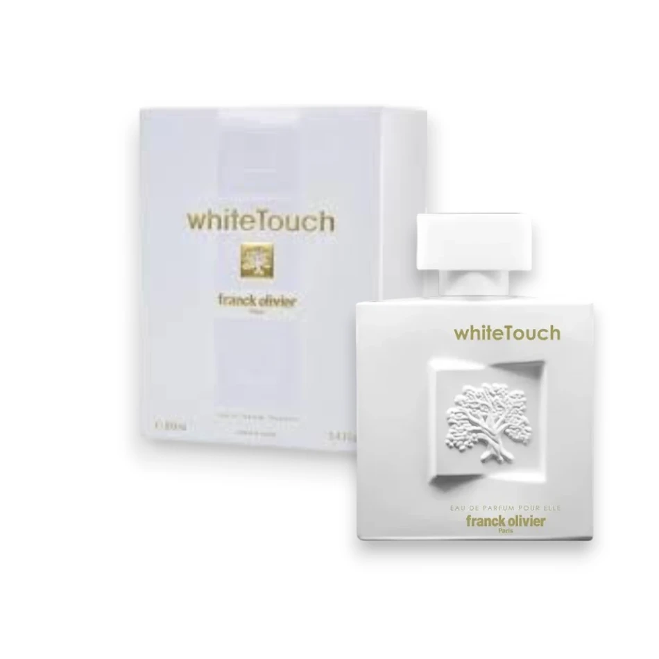 Perfume Franck Olivier White Touch: frasco transparente con relieve, fragancia floral blanca pura.
