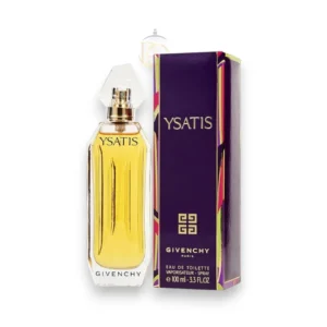 Frasco de Ysatis Givenchy con su diseño arquitectónico y elegante, reflejando su esencia dorada.
