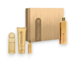 Contenido del 18 Sensual EDP 4Pzs con perfume y productos corporales en un diseño elegante y femenino.