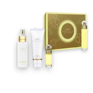 Elegante set de 360 For Women Estuche EDT con su icónica botella cilíndrica y productos complementarios.