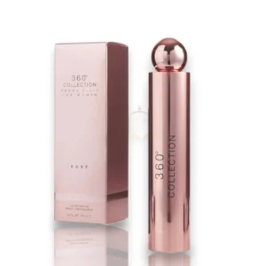 Frasco de 360° Collection Rose EDP con su característico tono rosado, evocando romance y lujo floral.