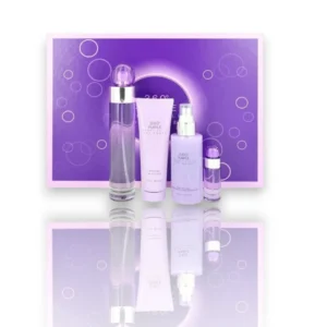 Contenido del 360° Purple Gift Set Estuche 4Pzs con perfume, miniatura y lociones corporales de lujo.