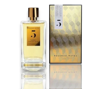 Elegante frasco de 5 Floral Amber Sensual Musk con acabados minimalistas y cristalino, puro lujo.