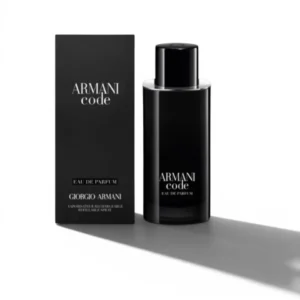 Elegante frasco negro brillante de Armani Code EDP con diseño recargable que evoca lujo y sofisticación.