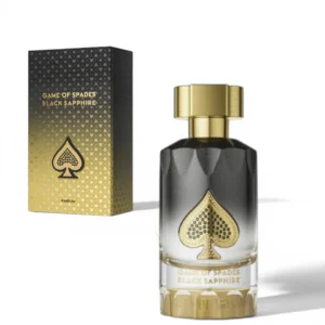 Imponente botella de Black Sapphire Parfum con acabados oscuros y detalles plateados de alta gama.