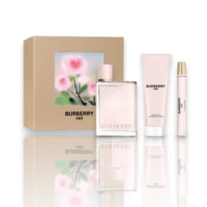 Set de lujo Burberry Her Estuche EDP 3Pzs que incluye el perfume, loción corporal y miniatura de viaje.